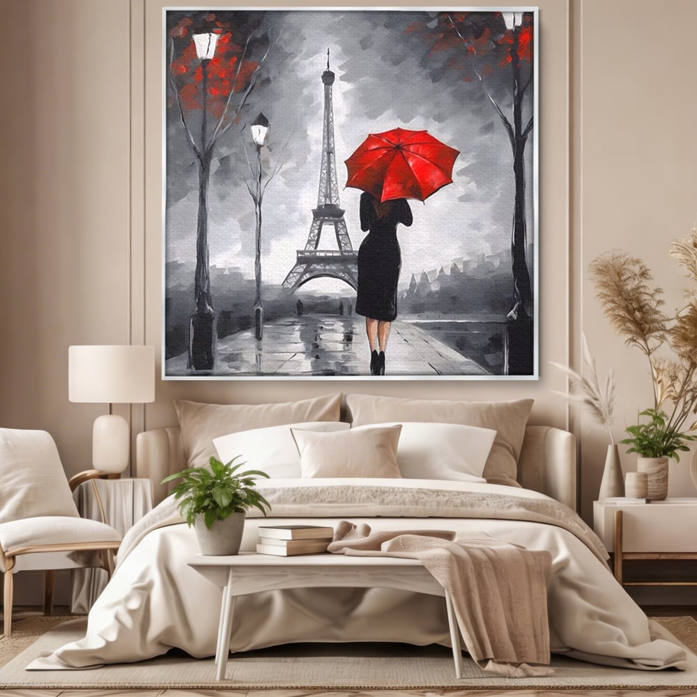 Tablou canvas cu pictura cu femeie si umbrela rosie, in rama de aluminiu argintiu, pe perete intr-un dormitor